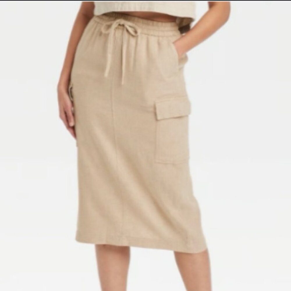 A New Day Women's Linen/ Rayon Blend Cargo Slip Midi Skirt Sz: S
